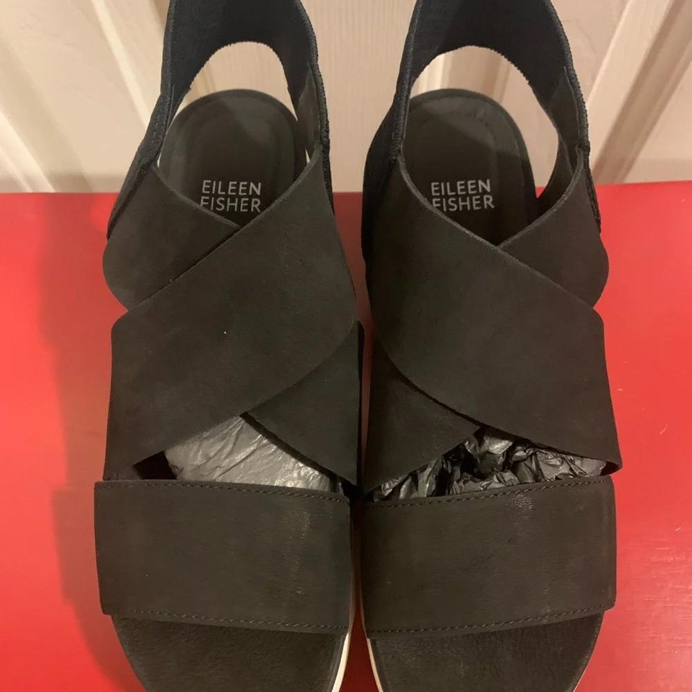 Eileen Fisher Chant Tumbled Leather Wedge Sandal - Picture 2 of 7